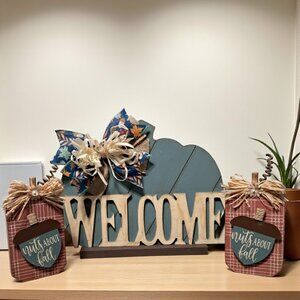 🍂 Rustic Blue & Ivory Fall Pumpkin Welcome Sign Set 🍂